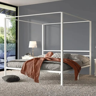 Bedroom Furniture Metal Four Post Canopy Bed Frame 14 Inch Platform, No Springs Required, White, King Size Bed