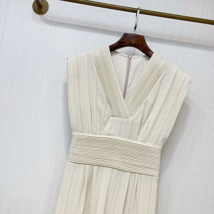 2024 Spring/Summer New Women's Wear Commuter Elegant Simple High-End Stripes Padded Shoulder Cross V-neck Dress 0420