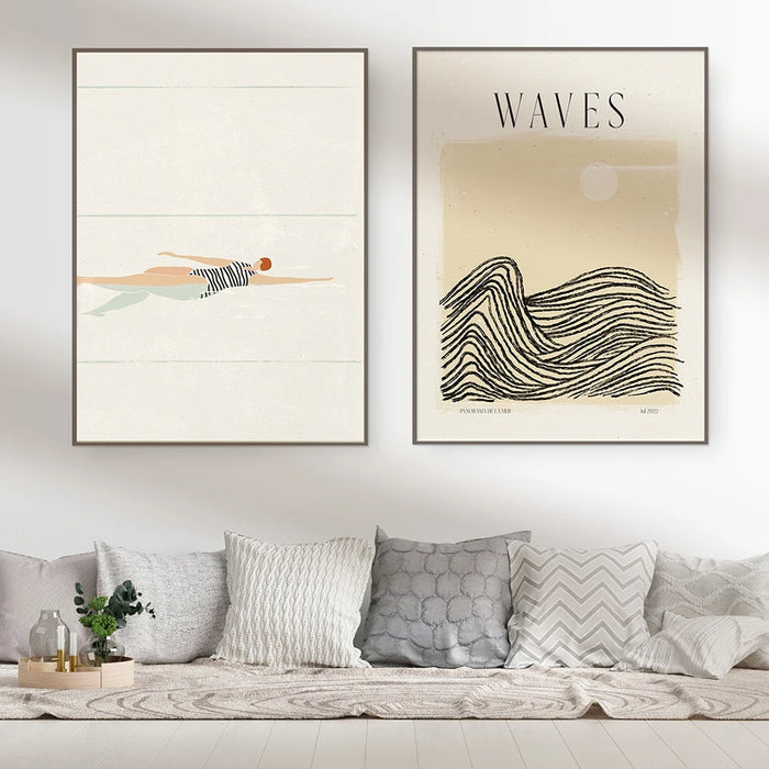 Nordic Swimmers Minimalist Canvas Painting Swimming Pool Posters Big Wave Surf Prints Wall Art Pictures For Bathroom House Decor