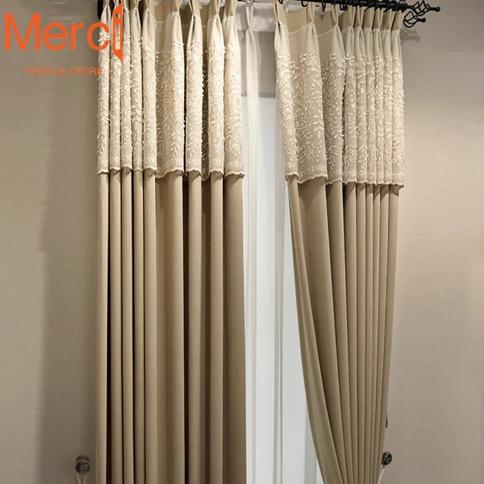 French Luxury Romantic Lace Curtain Milk Tea Color Blackout New Bay Window Curtains for Living Dining room Bedroom Tulle Custom