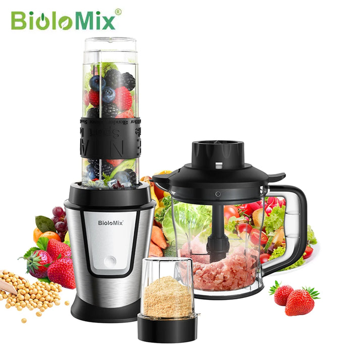 BioloMix 3-in-1 Multifunctional Food Processor 700W Portable Juicer Blender Personal Smoothie Mixer Food Chopper and Dry Grinder