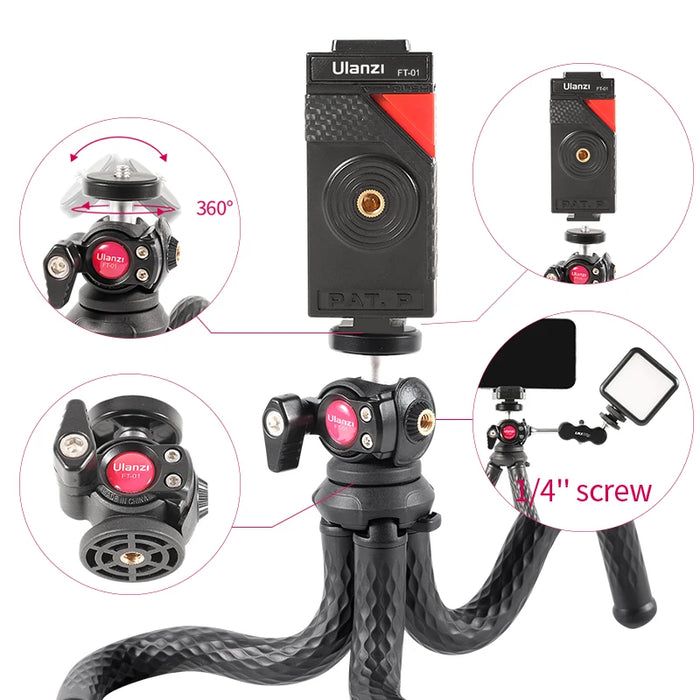 ULANZI FT-01 Flexible Mini Octopus Tripod for Phone DSLR Vlog Travel Photography With Cold Shoe Phone Holder Mount Mic Light