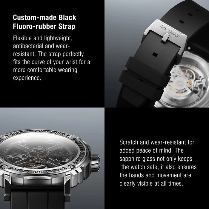 CIGA Design Magician Series 3 in 1 Titanium Automatic Watch for Men Fluororubber Strap Skeleton Mechanical Wriswatch 3 Pcs Cases