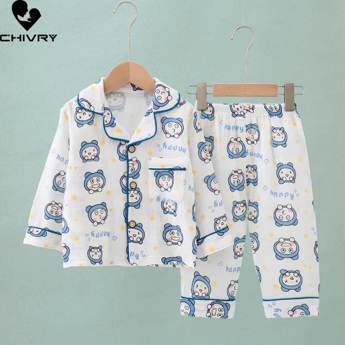 Kids Summer Thin Pajamas Sets New 2023 Boys Girls Cotton Linen Cartoon Long Sleeve Lapel Shirt Tops with Pants Baby Home Wear