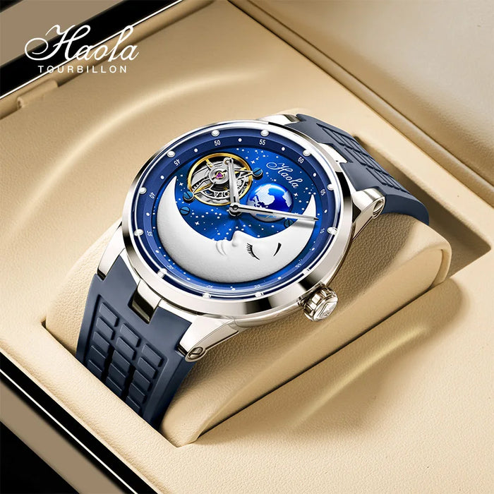 Haofa Flying Carrousel Mechanical Mens Watch Sapphire Manual Rotating Karrusel Watch For Men Moon Waterproof Luminous Luxury