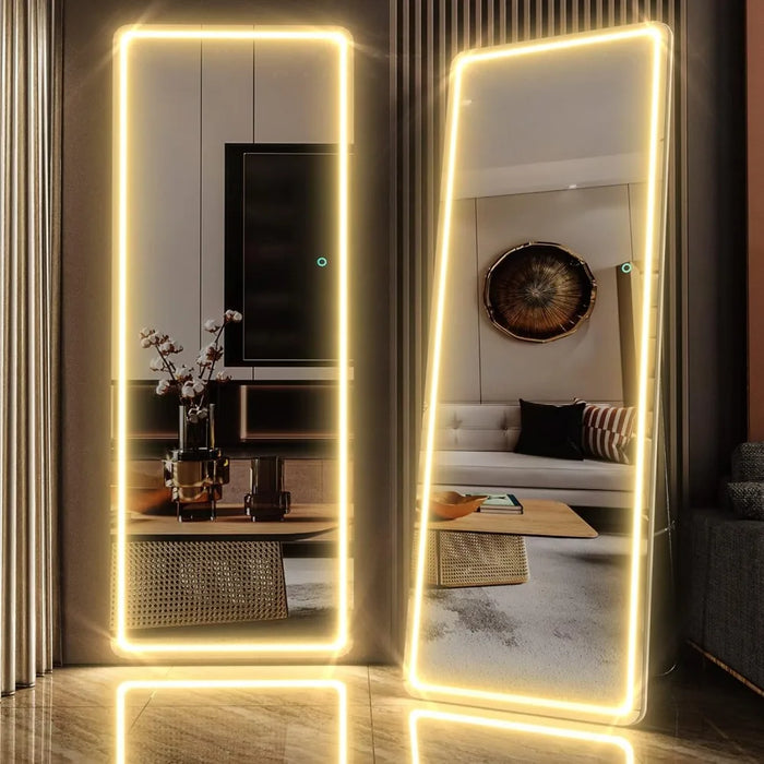 Full Length Floor Mirror LED Whole Body Mirror, Wall Mounted Hanging Mirror with Lights, Makeup Vanity Mirror& 3 Color Modes