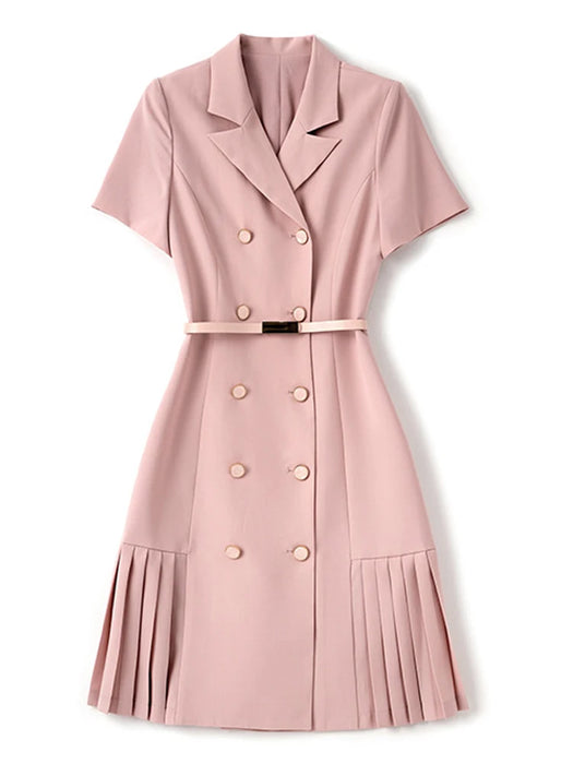 AELESEEN Office Ladies Summer Dress High Quality Turn-down Collar Solid Pink Belt Pleated Double-breasted Mini Ladies