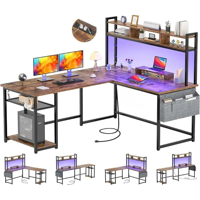 LED Strip, Reversible L-Shaped Corner Computer Desks Gaming Desk Aheaplus L Shaped Desk with Power Outlet