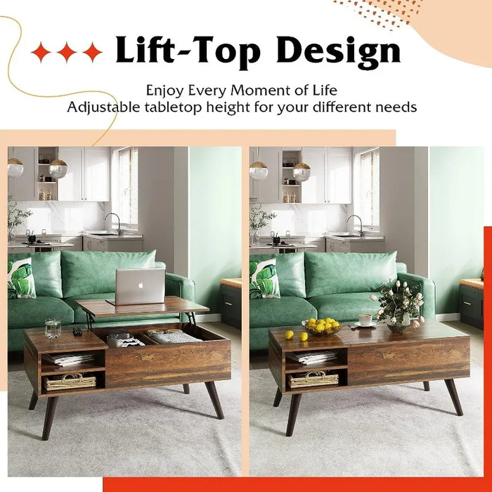 WLIVE Wood Lift Top Coffee Table with Hidden Compartment and Adjustable Storage Shelf, Lift Tabletop Dining Table for Home