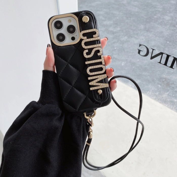 Personalized Leather iPhone 15Pro Max Plus Phone Case Custom Initials Metal Gold Diamond Crossbody Lanyard Fashion