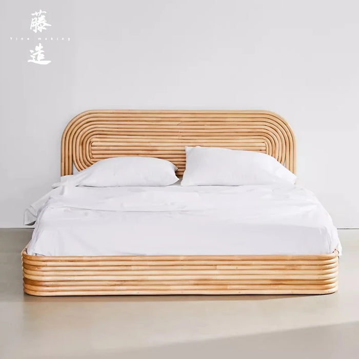 Double 1.5-meter rattan bed, solid wood rattan woven Japanese style 1.8 bed, modern natural wood color small unit bedroom