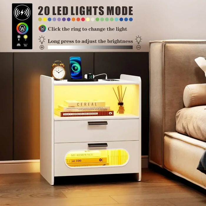 Modern Bedside Table with LED Lights, Charging Station and Smart Occupancy Sensor with Drawers for Bedroom Furniture, White