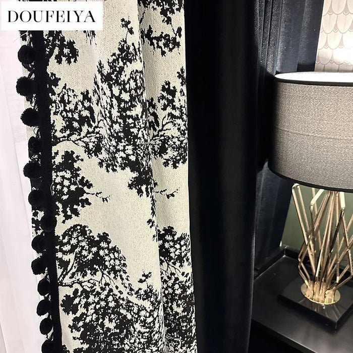 Retro French Luxury Black Velvet Curtains for Living Room Bedroom Patchwork Embroidered Pompon Blackout lace White Tulle Window