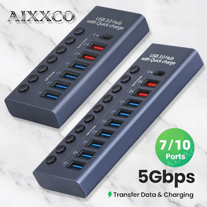 AIXXCO 10 Ports USB 3.0 Hub High Speed Multi USB Splitter with Switch Power Adapter Multiple Expander with PD charger