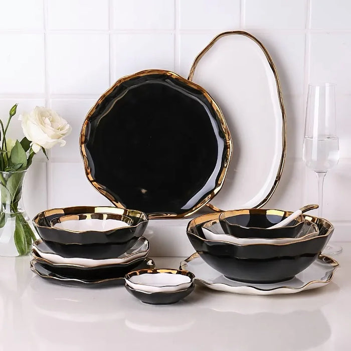 Classical Nordic Bone China Plates Set Black Dinnerware Serving Kitchen Dessert Dish Golden Edge Tableware Porcelain White