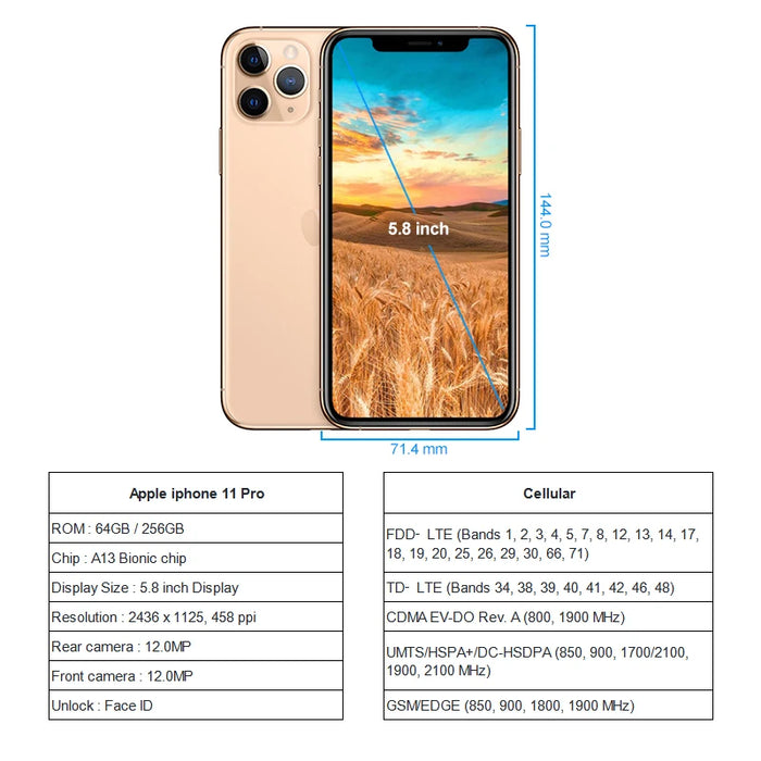 Apple iPhone 11 pro 64GB/256GB ROM Unlocked A13 Bionic Chip 5.8" 2436 x 1125 Screen 12MP+12MP Camera With Face ID