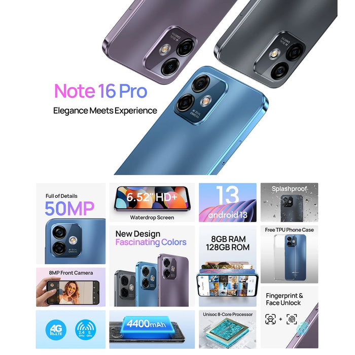 Ulefone Note 16 Pro Android 13 Smartphone 6.52" HD Screen Quad Core  4GB/ 8GB+128GB 4400mAh Face Unlock Cellphones Celular 50MP