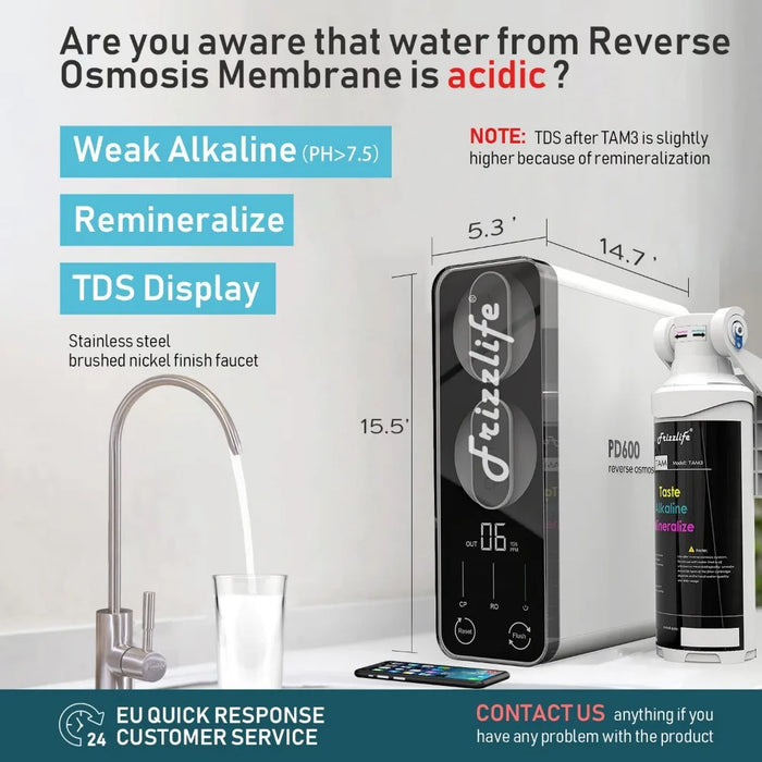 Reverse osmosis water filtration system -600 GPD high flow rate, no tank, reduced TDS, compact, alkaline mineral pH