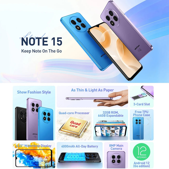 Ulefone Note 15 Smartphone Android 12 GO Phone 6.22" IPS Screen MT6580 Quad Core 2GB+32GB Face ID Unlocked Cellphones 3G Celular