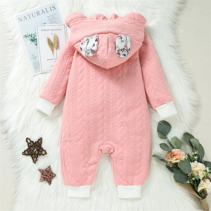 PatPat Overalls Baby Girl Clothes Jumpsuit New Born Romper Newborn Bodysuit 3D Ears Hooded Ruffle Pink Thickened Long-sleeve