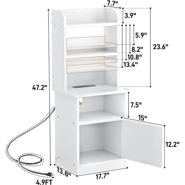 Tall Nightstand with Charging Station and USB Ports - 47" Tall Bedside Table with Adjustable Bookshelf, White, End Table