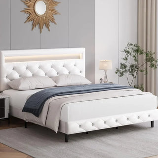 Full Size Platform Bed with LED Lights, Adjustable Tufted Headboard, Wood Slats - White