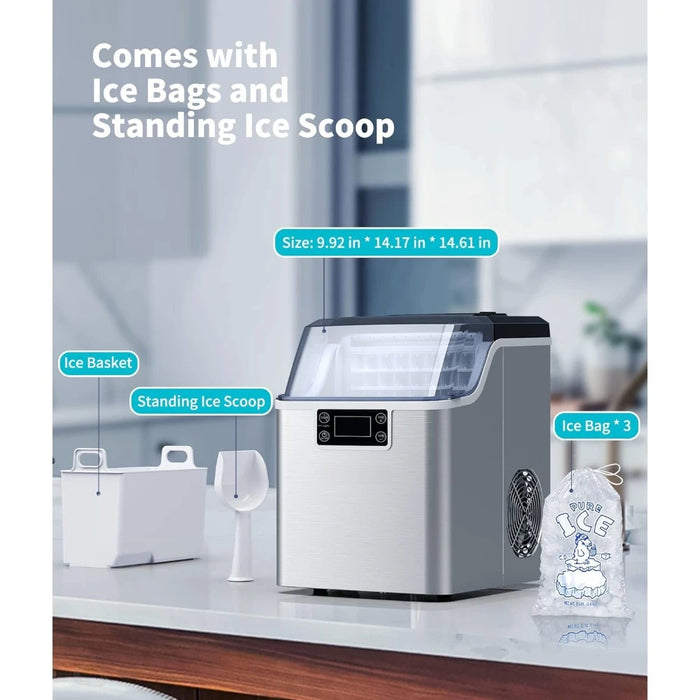 Table top ice maker, weighing 45 pounds per day, ready with 13 cubes in 24 minutes, stainless steel casing, ice bag and spoon