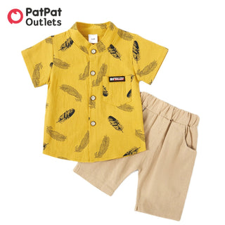 PatPat Newborn 2pcs Baby Boy Clothes 95% Cotton Short-sleeve All Over Feather Print Button Up Shirt and Solid Shorts Set Kids