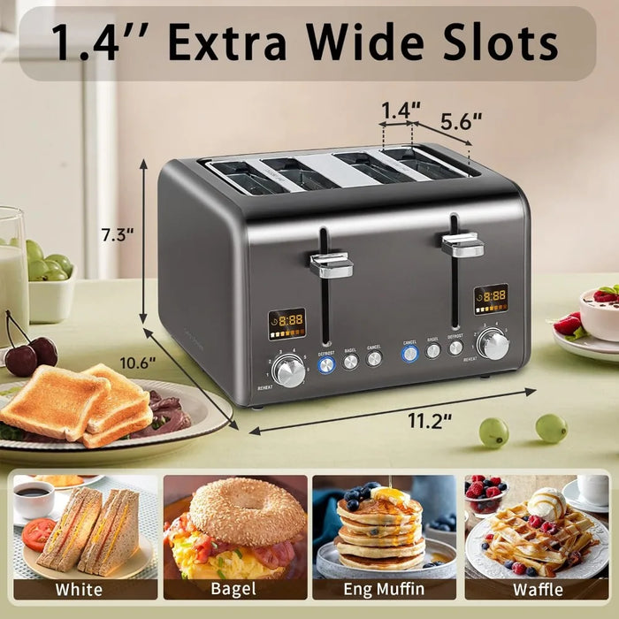 Toaster 4 Slice, Stainless Bread Toaster Colorful LCD Display, 7 Bread Shade Settings, 1.4'' Wide Slots Toaster ，1800W