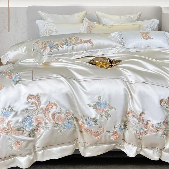 White Pink Luxury Bedding Set Satin Brocade 1000TC Egyptian Cotton Flowers Embroidery Silky Duvet Cover Bed Sheet Pillowcases