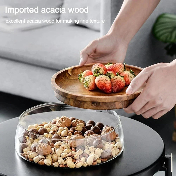 Glass Bowl with Wood Plate Fruit Nut Dried Storage Box Container Candy Storage Box Fruit Tray With Wooden Lid For Home Kitchen