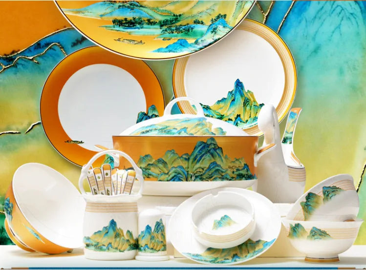 Ceramic tableware, bowl and plate set, creative bone china tableware, bowl, chopsticks, plate, hotel event gifts in stock