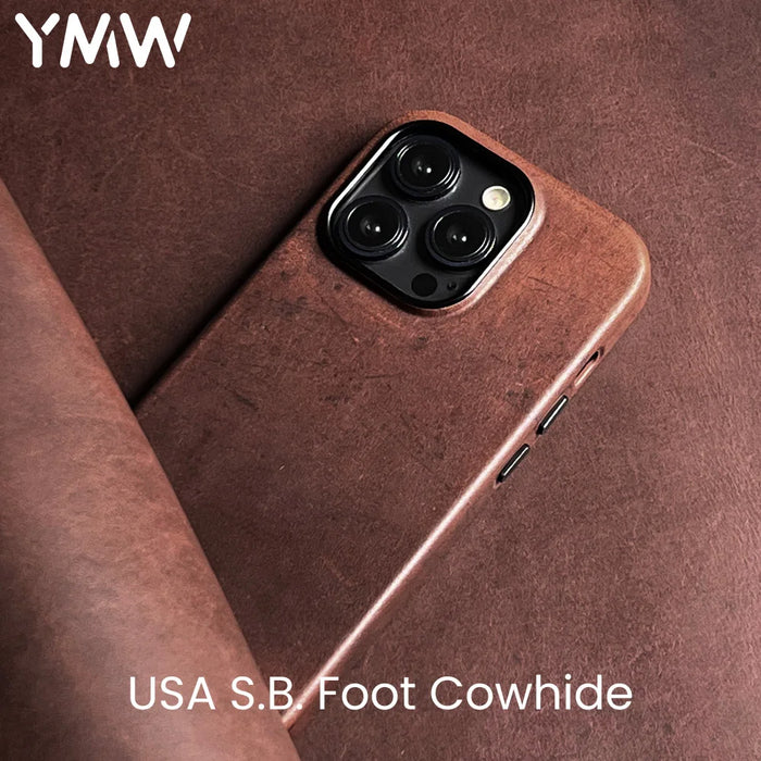 YMW USA SBF Genuine Leather Case for iPhone 13 14 15 Pro Max Oil-tanned Cowhide Retro Phone Cover