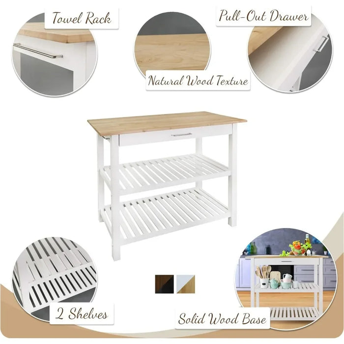 Natural&White Kitchen and Home Furniture Natural/White Cart Wagon Solid Hardwood Top Trolley Folding Shelf Storage