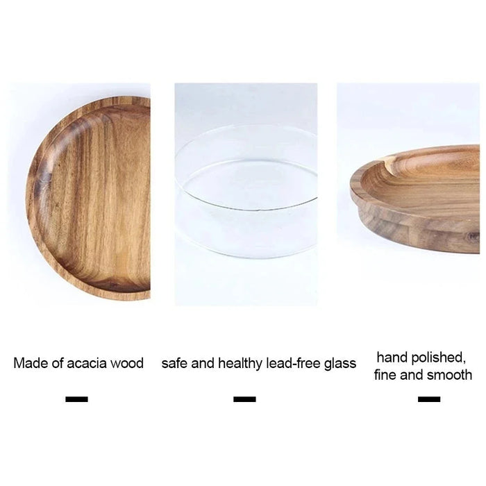 Glass Bowl with Wood Plate Fruit Nut Dried Storage Box Container Candy Storage Box Fruit Tray With Wooden Lid For Home Kitchen