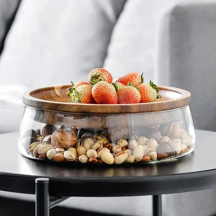 Glass Bowl with Wood Plate Fruit Nut Dried Storage Box Container Candy Storage Box Fruit Tray With Wooden Lid For Home Kitchen