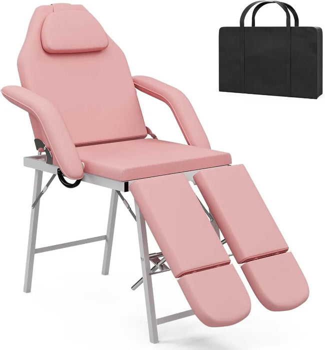 Portable Tattoo Chair Split Legs for Client, Foldable Spa Chair Multipurpose Massage Table with Storage Bag, Pink