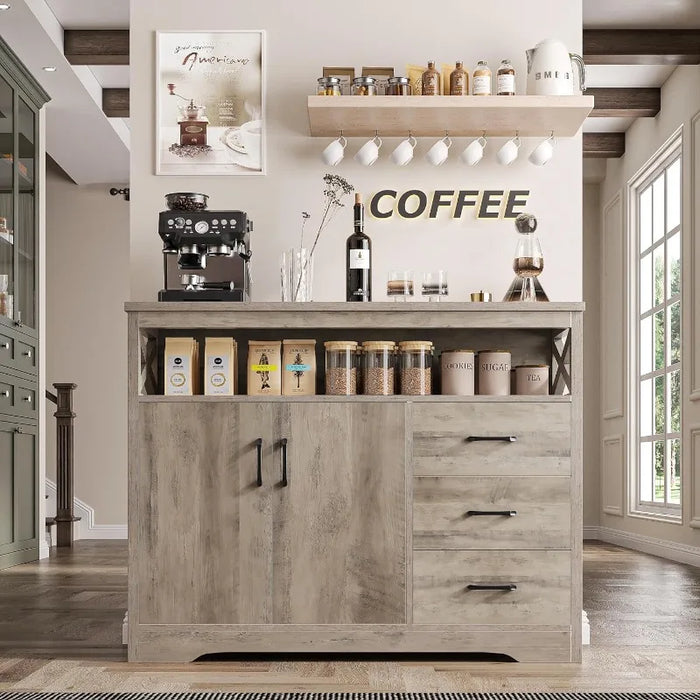 Modern Farmhouse Sideboard Buffet Cabinet, Kitchen Buffet Storage Cabinet with Drawers and Shelves, Wood Coffee Bar Cabinet