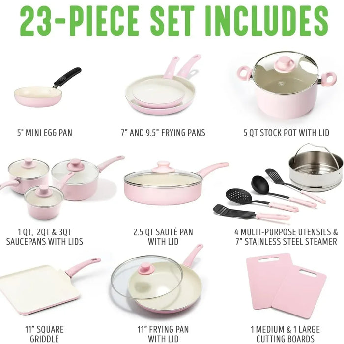 Soft Grip Healthy Ceramic Nonstick 23 Piece Kitchen Cookware Pots and Frying Sauce Saute Pans Set With Kitchen Utensils Pink Bar