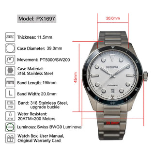 Proxima PX1697 39mm Men Watch White Enamel Dial Bubble Sapphire PT5000 SW200 Automatic Mechanical Vintage Watches 20Bar Luminous