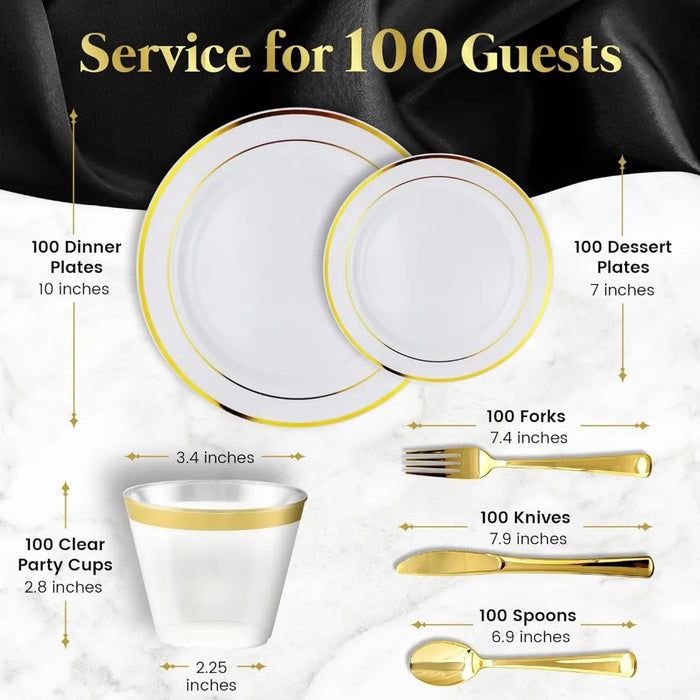 600 Piece Gold Disposable Dinnerware Set, 200 White and Gold Plate 300 Gold Silverware 100 Plastic Cups for Party