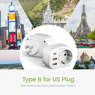 LENCENT EU to US Travel Adapter with 1 AC Outlet  2 USB C3.0 and 1 Type C PD 20W  4 in 1 Fast Charger for Home Travel