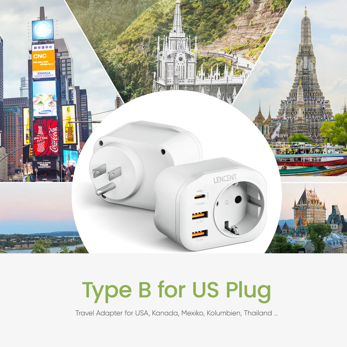 LENCENT EU to US Travel Adapter with 1 AC Outlet  2 USB C3.0 and 1 Type C PD 20W  4 in 1 Fast Charger for Home Travel