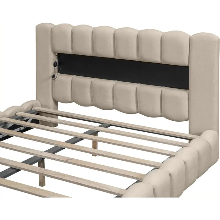 Large Linen Upholstered Platform Bed with LED Headboard, Wooden Slatted Support, Noiseless and Easy To Assemble