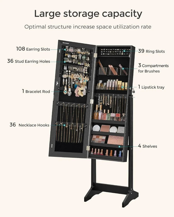 Jewelry Cabinet Armoire, Freestanding Lockable Storage Organizer Unit with 2 Plastic Cosmetic Storage, Full-Length Frameless