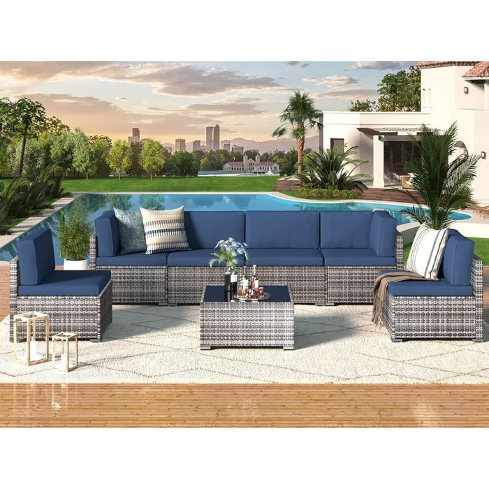 7 Piece Outdoor Patio Furniture Set, PE Rattan Outdoor Grey Wicker Furniture, Outdoor Sectional Furniture Chair  furniture