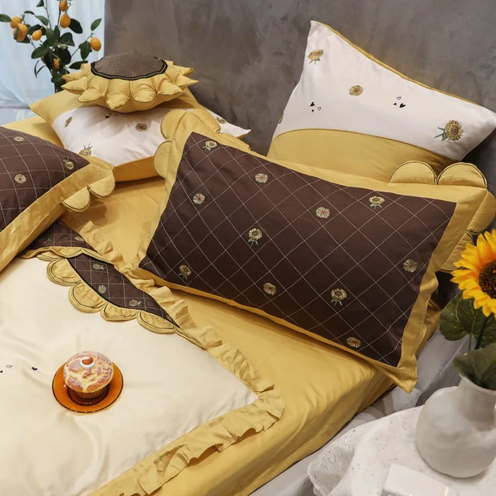 Yellow Sunflower Embroidered 60S Cotton White Luxury Bedding Sets DuvetCover Bed Sheets Bedding Queen Size King Comforter Sets