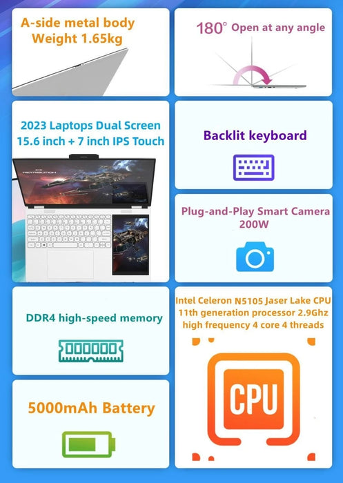 New Arrivals Dual Screen Laptop INTEL N5105 N95 16G DDR4 - 1TB SSD 15.6" IPS 2K Screen+7" Touch LCD  PC Portable Notebook