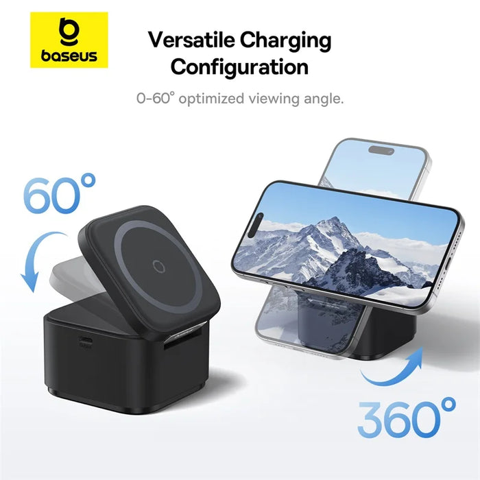 Baseus 2 in 1 25W Magnetic Wireless Charger Stand 15W Fast Charging Dock Station With Retractable Cable For iPhone15 14  Airpod