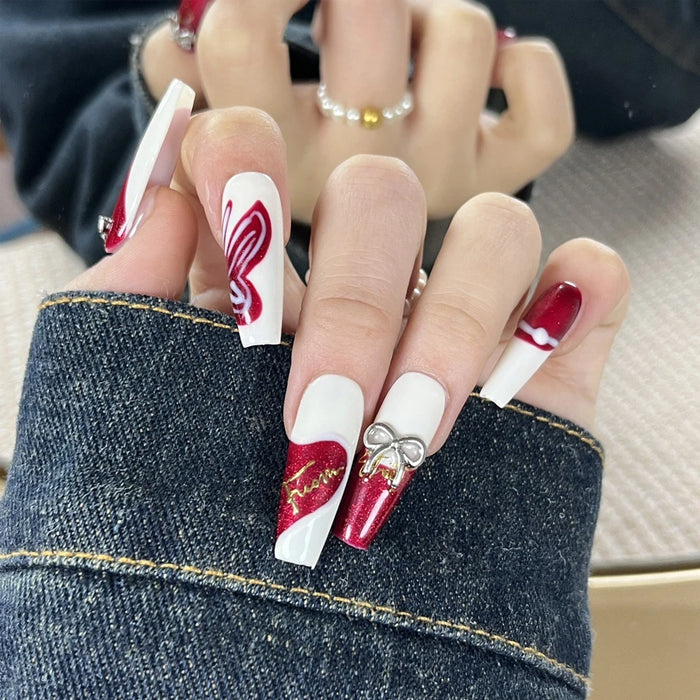 10 Pcs Artificial Nails Valentine's Press On Hand Made Luxury Wearable Red Love Heart Painting Alloy Bow Decor Full Cover Tips